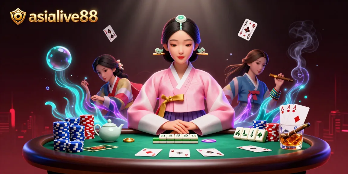 Engage with asialive88 in a vibrant casino scene surrounded by poker elements and an elegant character.