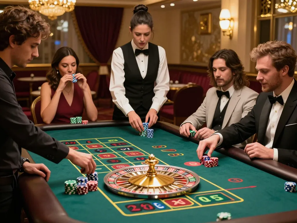 Cuplikan menarik pemain yang berpartisipasi dalam toto togel di meja roulette kasino mewah di bawah pencahayaan ambient yang hangat