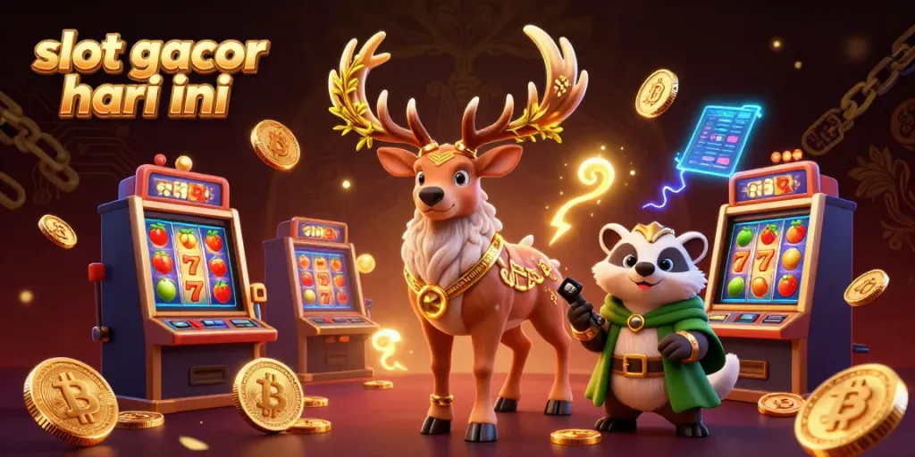 Slot gacor hari ini, ilustrasi kasino yang menampilkan simbol mesin slot dan karakter magis dalam suasana ceria.