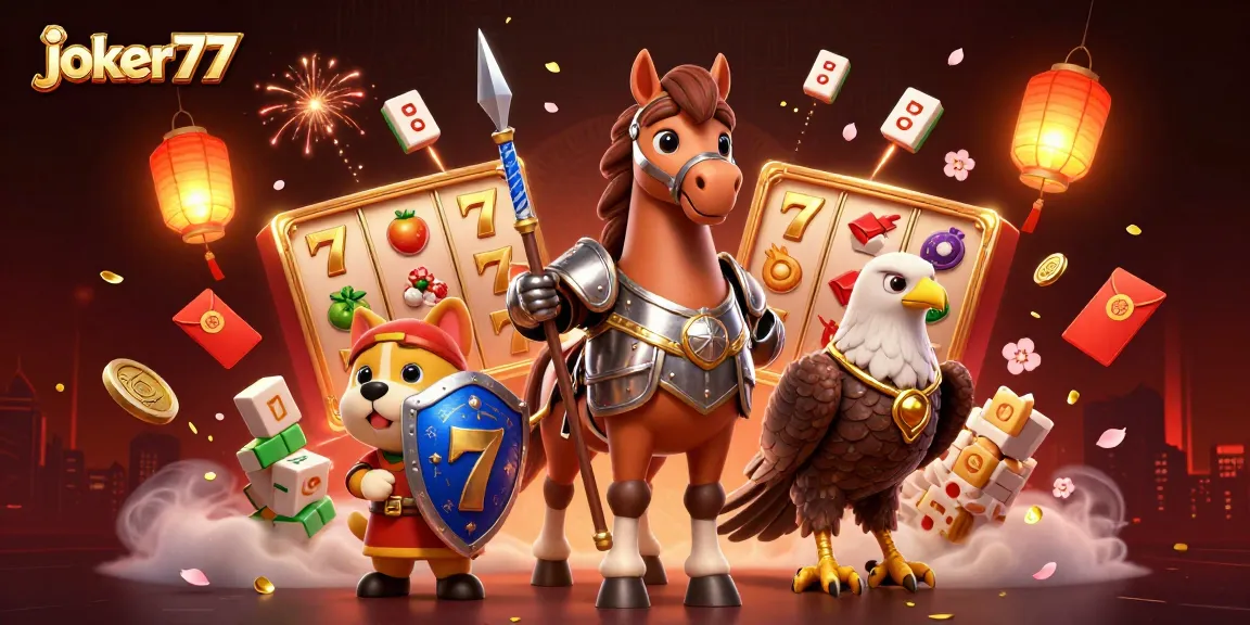 Play dynamic slot games with joker77, featuring knights, puppies, and festive elements.