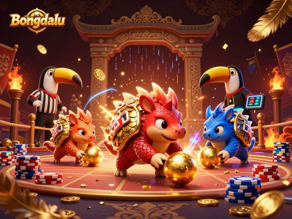 Bongdalu pangolins compete in a colorful casino-themed scene, rolling balls and scattering poker chips.