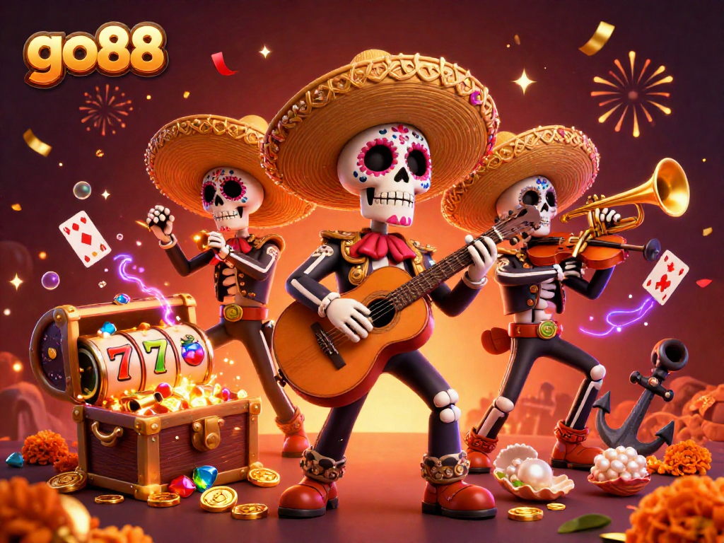 Experience excitement with vibrant go88 casino theme featuring lively mariachi skeletons and gaming elements.