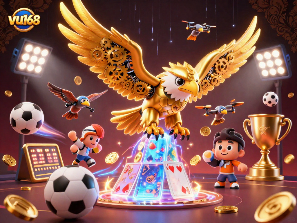 vu168 showcases dynamic sports betting action with a cybernetic eagle and energetic elements for casino excitement.