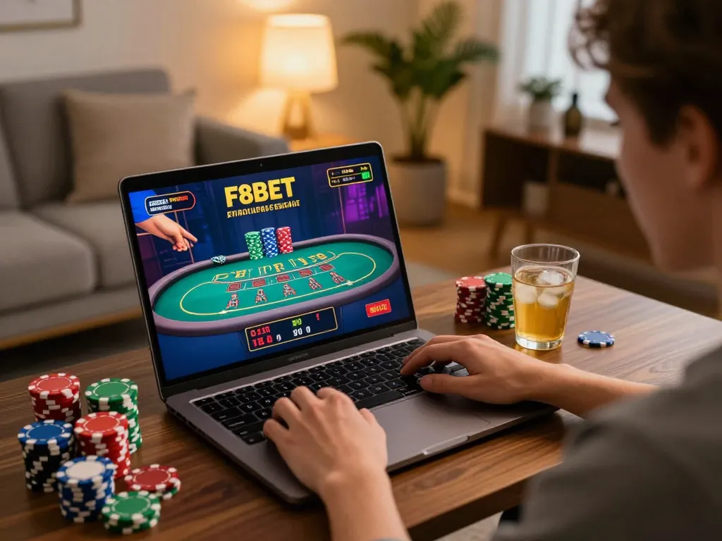 Engaging in F8BET online blackjack gaming session at home with colorful chips and live dealer interface.