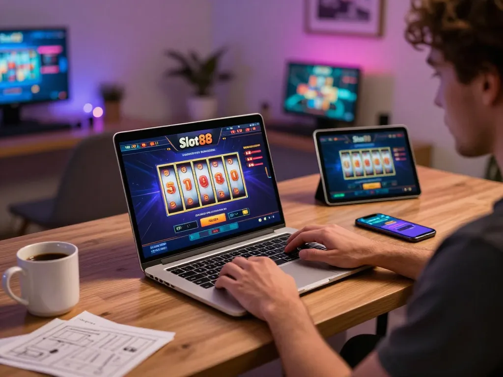 Gamer exploring Slot88 interface on laptop with animated reels, creating a dynamic online casino experience