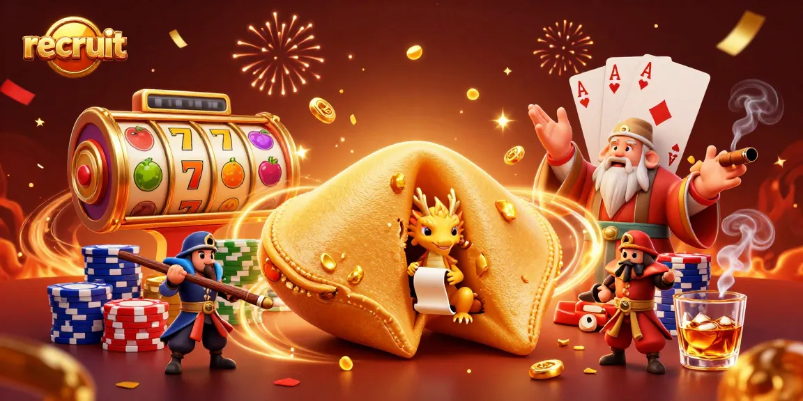Recruit for big wins at a vibrant casino scene featuring golden fortune cookies and dynamic slot games.
