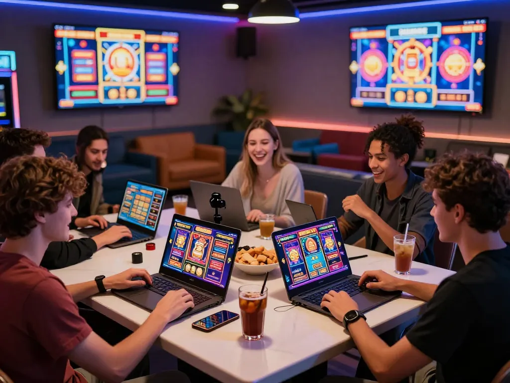 Exciting online gaming lounge with friends enjoying link gacor slot games on laptops and smartphones, lively atmosphere.