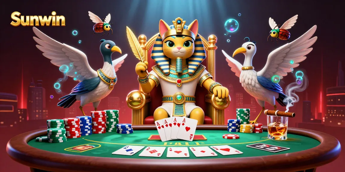 Sunwin's Egyptian pharaoh cat character leads an exciting poker scene with vibrant casino elements.
