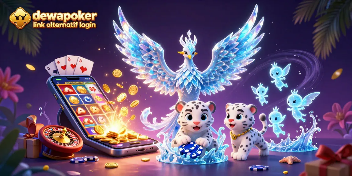 Dewapoker link alternatif login showcases 3D ice phoenix among gaming elements, sparkling with casino excitement.