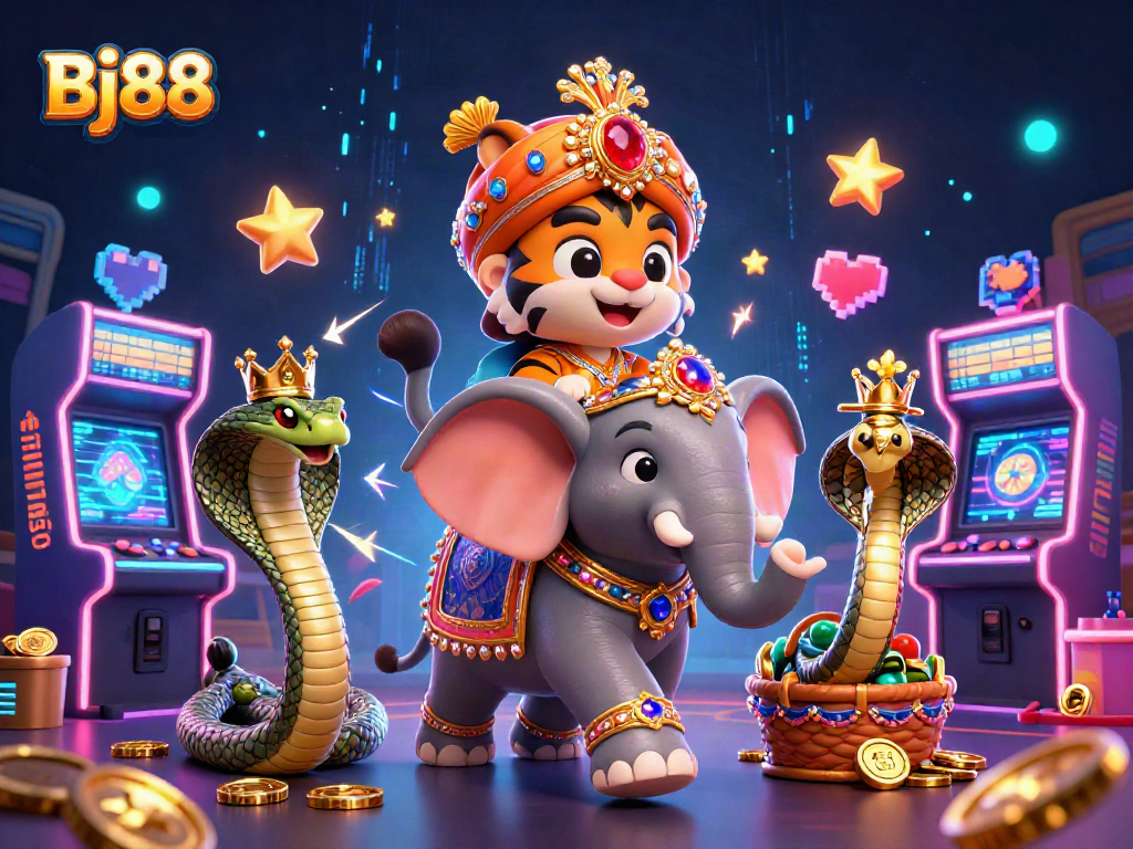 Bj88 offers an exciting experience with a cartoon maharaja tiger, elephant companions, and vibrant game elements.