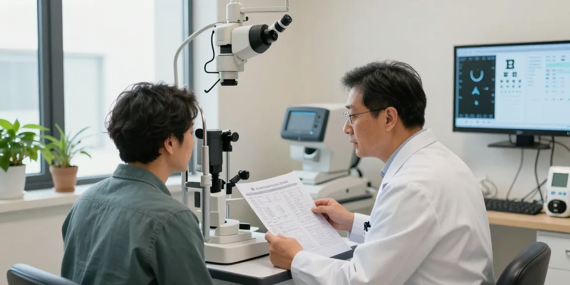 Patient consultation at SNU Eye Clinic examining detailed eye health charts with experts at www.snuseoulglobal.com
