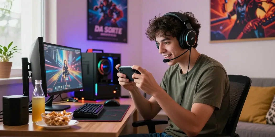 Engaging player enjoying esports da sorte juegos on a mobile device at home with vibrant gaming setup.