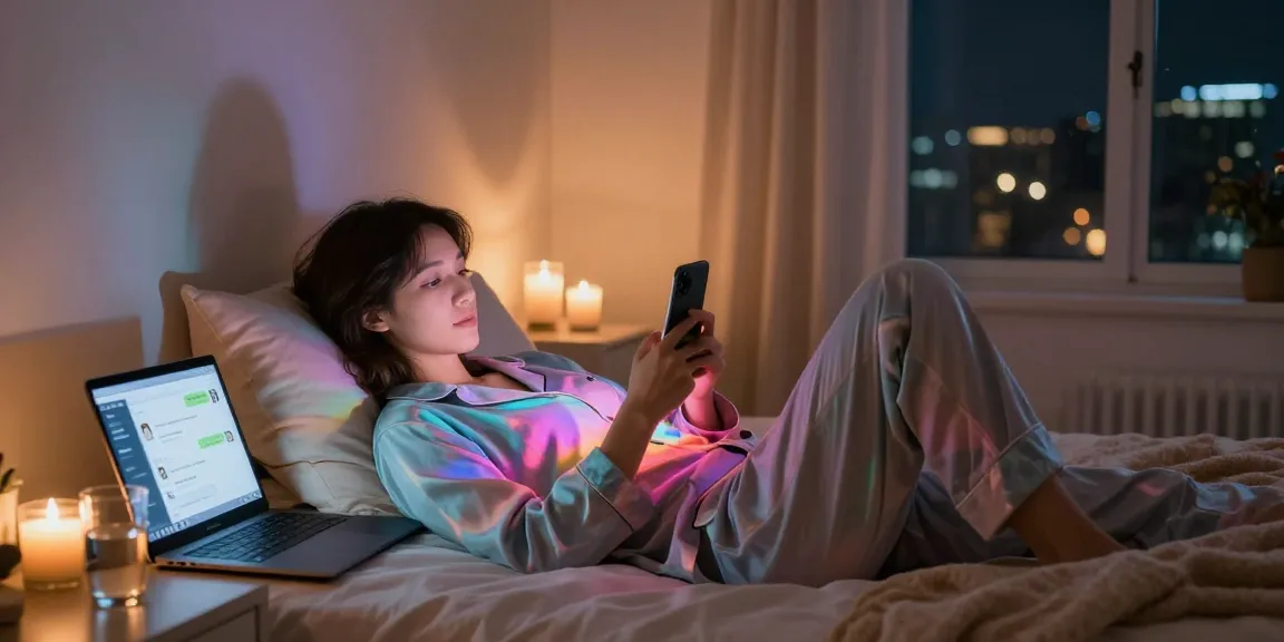 Sexting ai digital chat experience in a cozy bedroom setting with warm LED lights and intimate conversation.