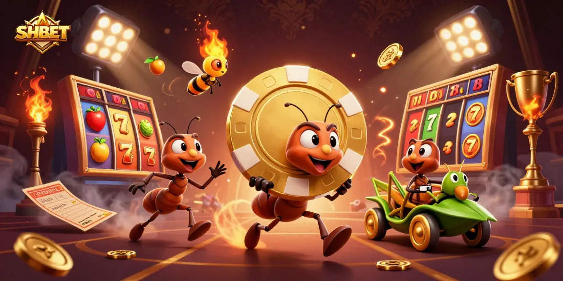 Experience thrilling action with SHBET as cartoon ants heist a giant poker chip in a vibrant casino world.