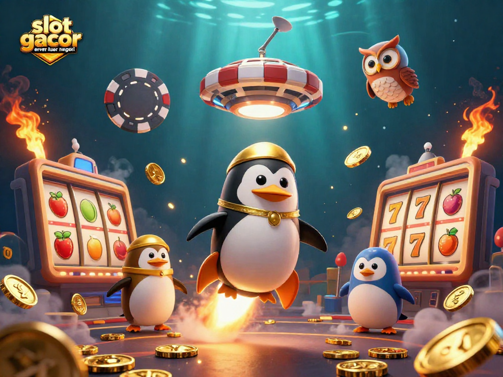 Engage with slot gacor server luar negeri through an exciting penguin-themed casino illustration.