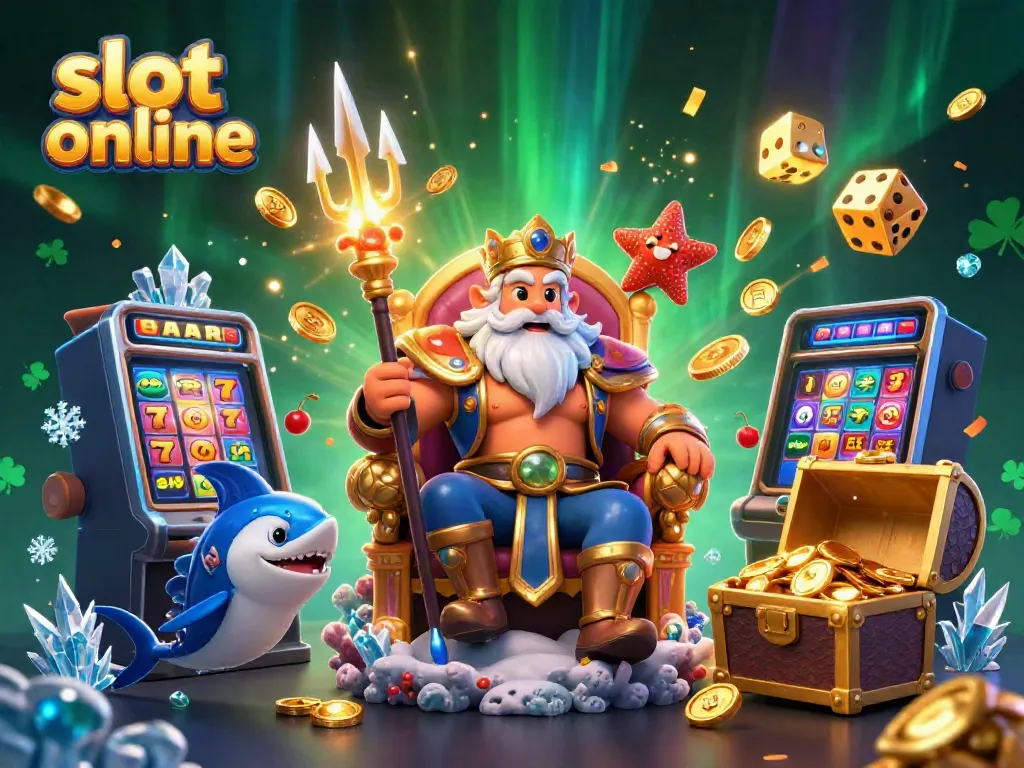 Experience thrilling slot online action with Neptune and vibrant casino elements in this dynamic scene.