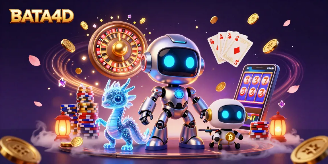 BATA4D memainkan slot dan roulette dalam ilustrasi 3D ceria dengan robot neon dan harta karun yang memukau.