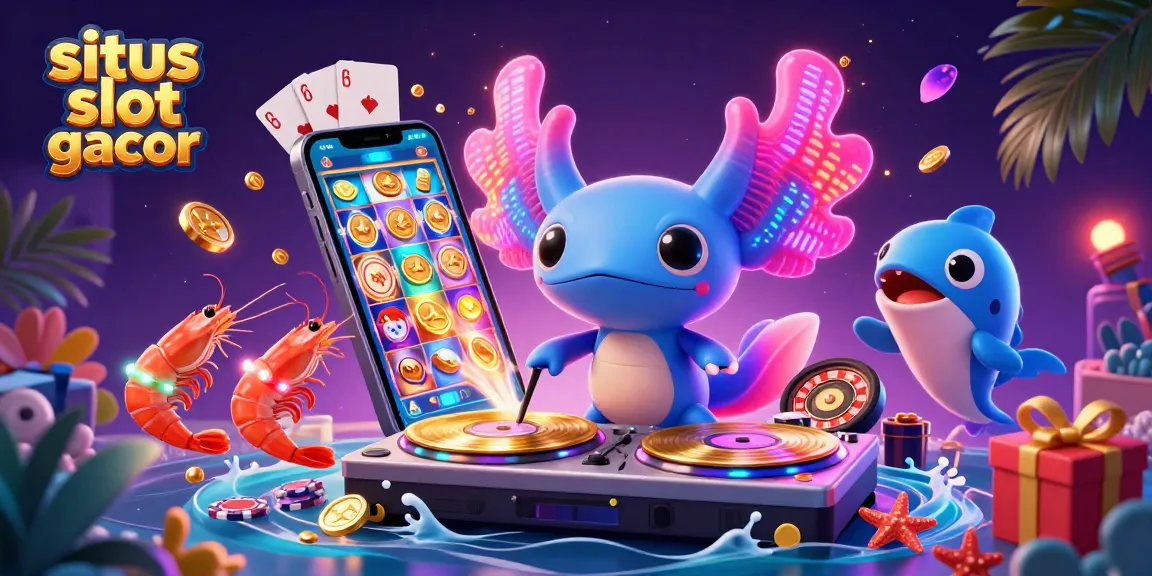 Experience the thrill of situs slot gacor with a neon axolotl DJ and vibrant underwater casino scene.