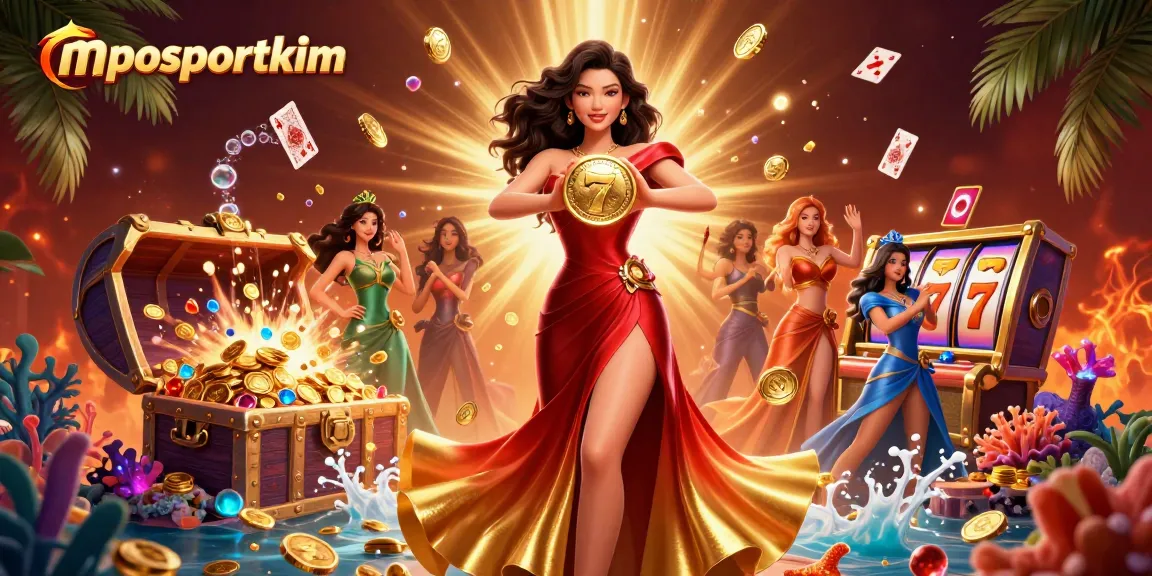 Engage in thrilling gameplay with mposportkim featuring a stunning Asian woman symbolizing luck amidst vibrant casino elements.