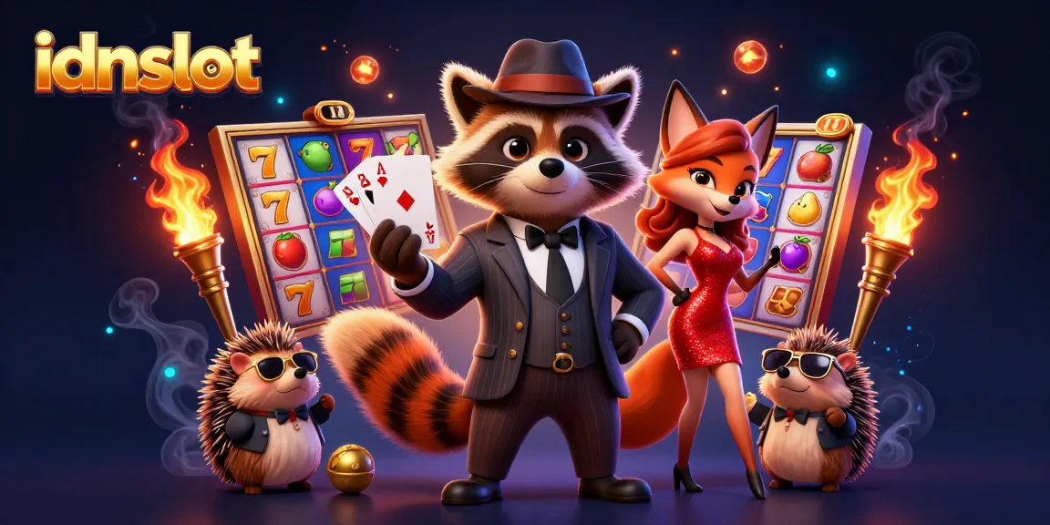 Win at idnslot with a suave raccoon and charismatic fox under dazzling casino lights.