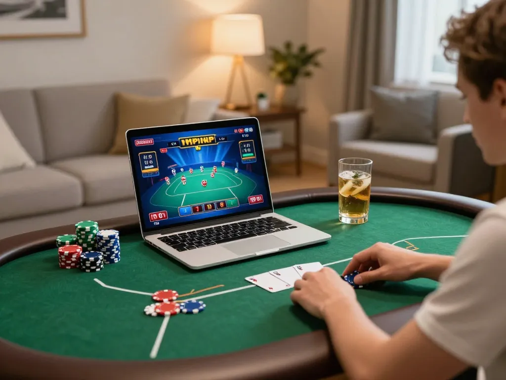 Experience online gaming with 56WIN's vibrant poker setup in a cozy home atmosphere