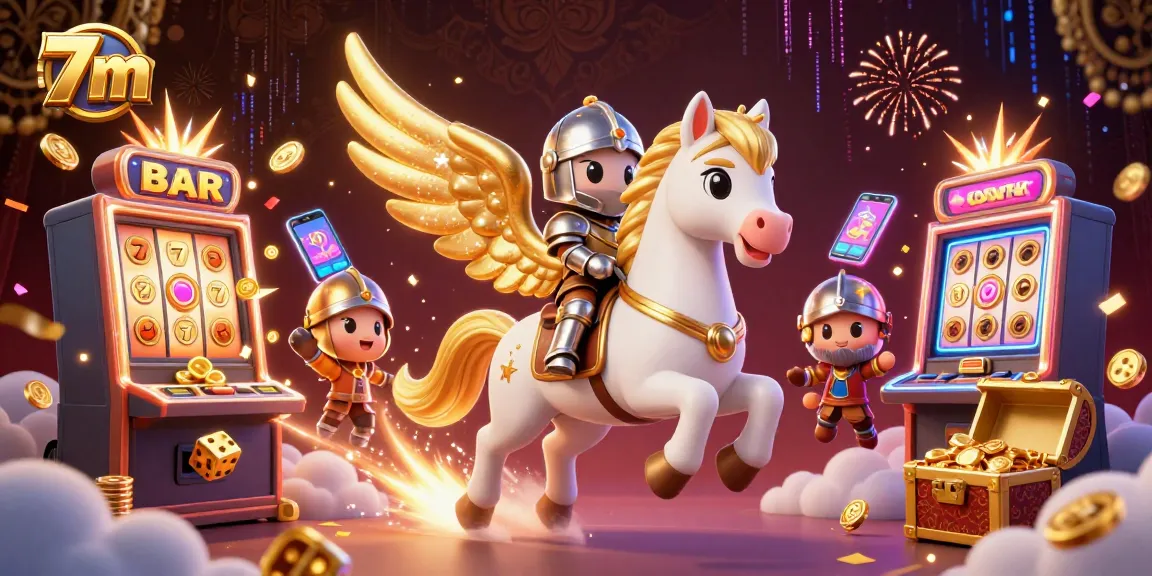 Experience the thrilling world of 7m as the lucky knight rides a mystical horse, celebrating wins with coins and game symbols.