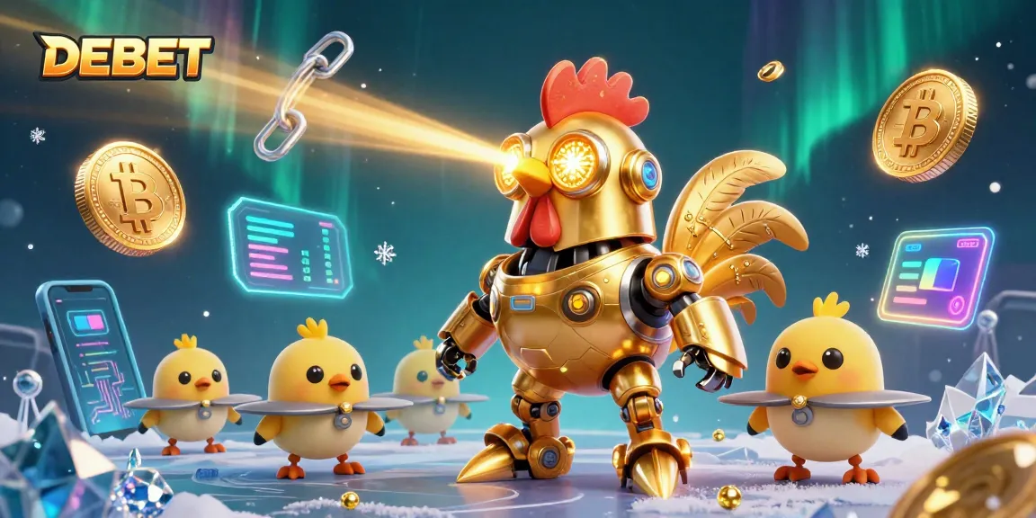 Engage in thrilling casino action with DEBET's 3D robot rooster and crypto elements.