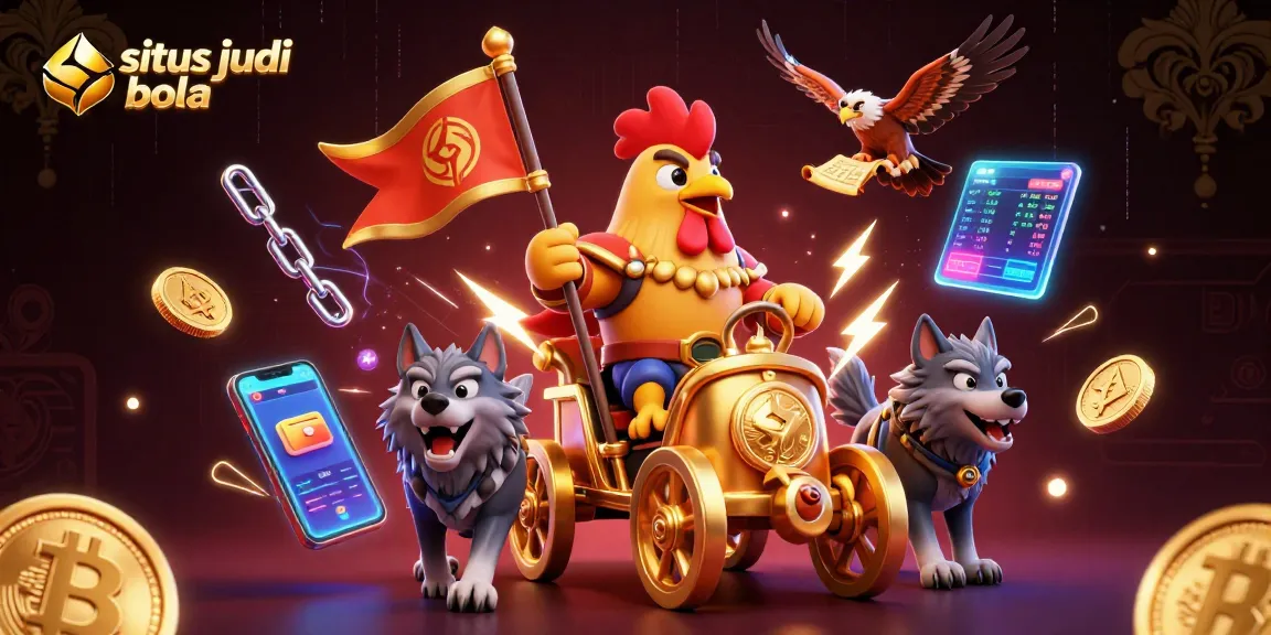 Experience the thrills of situs judi bola with a majestic rooster warlord leading the charge, amidst vibrant crypto elements.