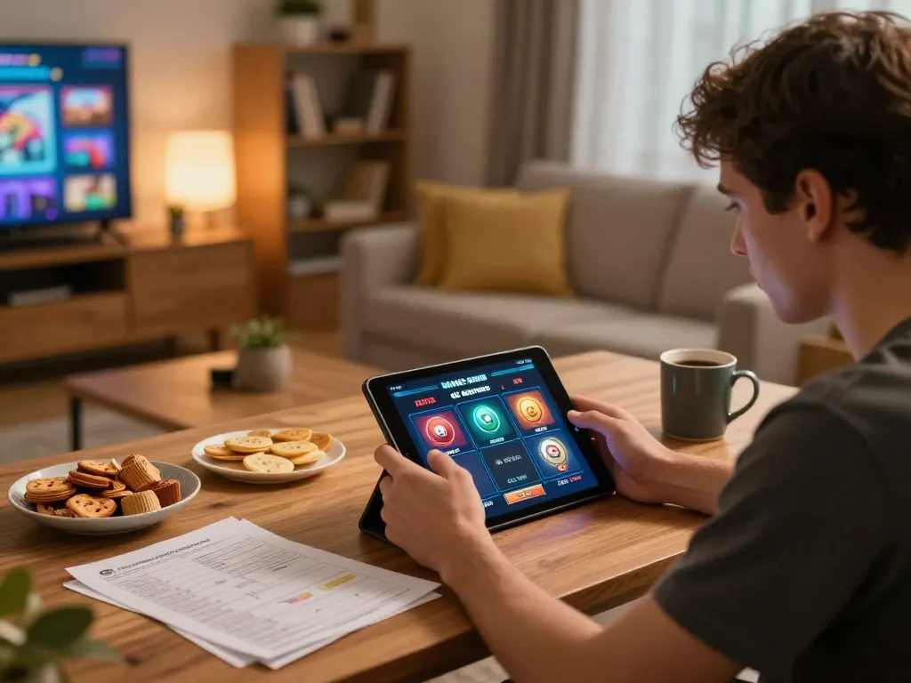 Player engaging with situs slot on tablet, surrounded by strategy notes and snacks in cozy living room.