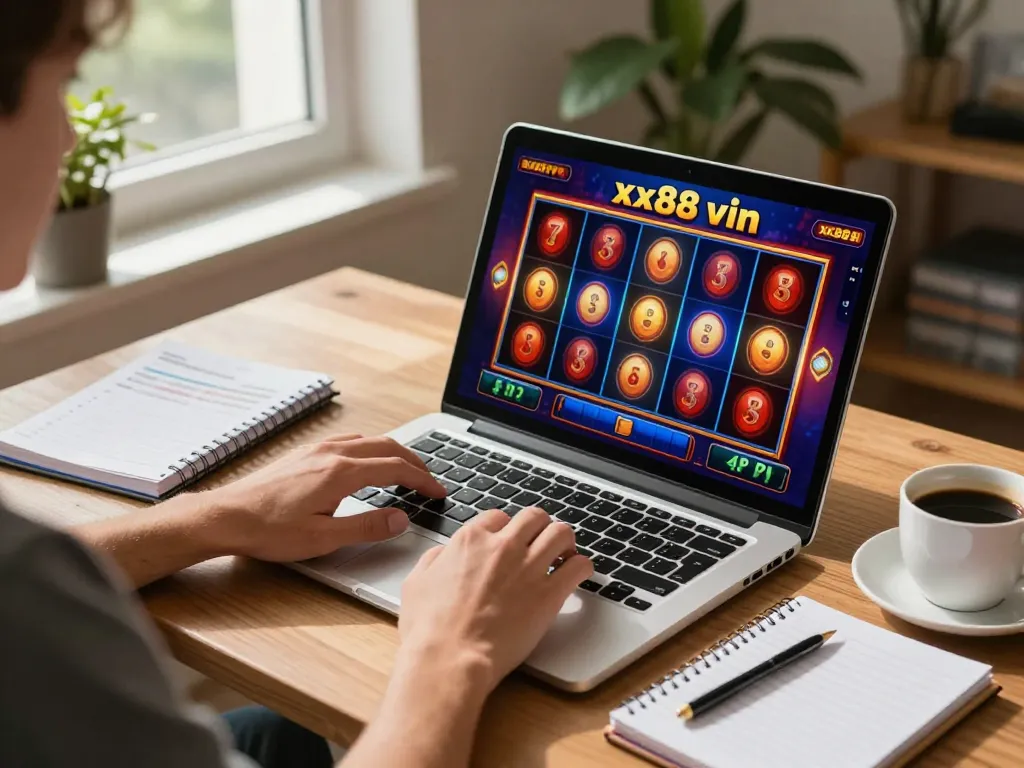 Engaging player enjoying slots online at xx88 vin in cozy home office setting.