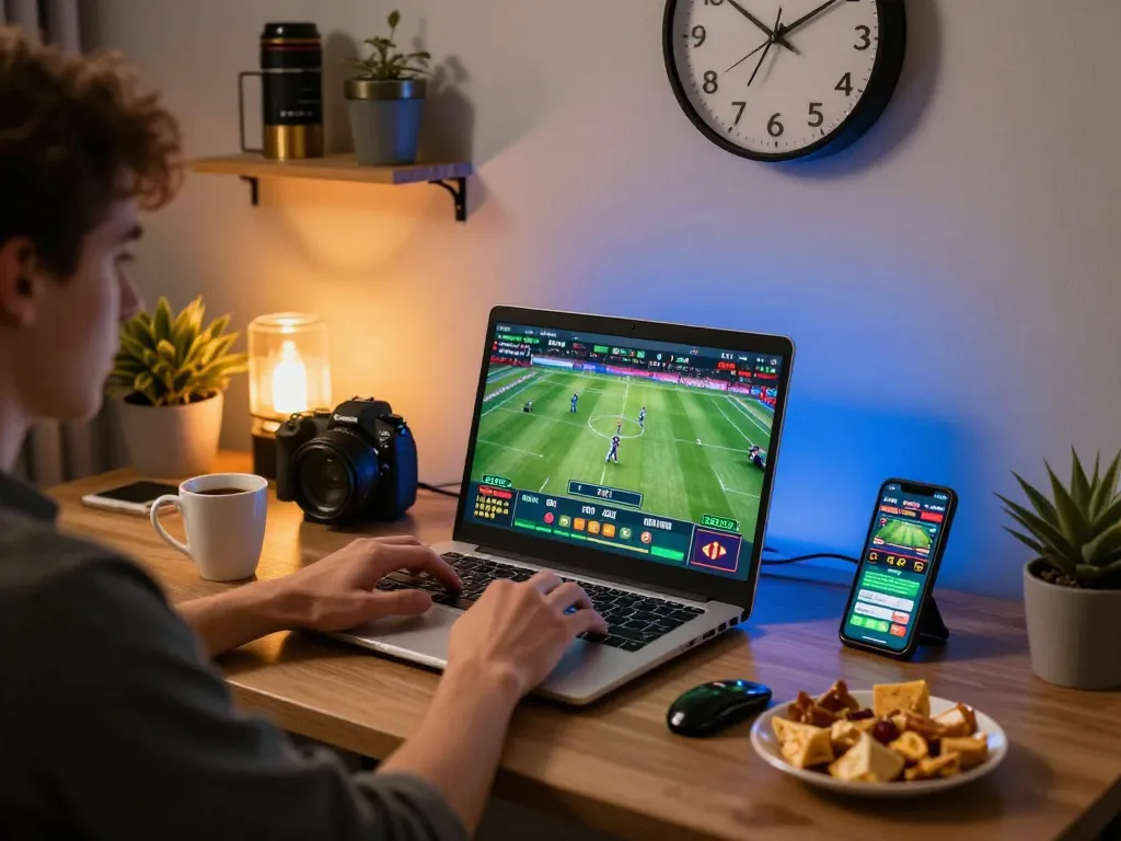 Engaged player in a home office betting on god55vn platform, showcasing excitement in online sports gambling.