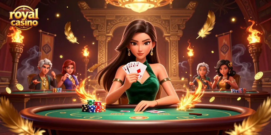 Immerse in the royal casino gameplay with a beautiful Asian woman strategizing at a luxury poker table.