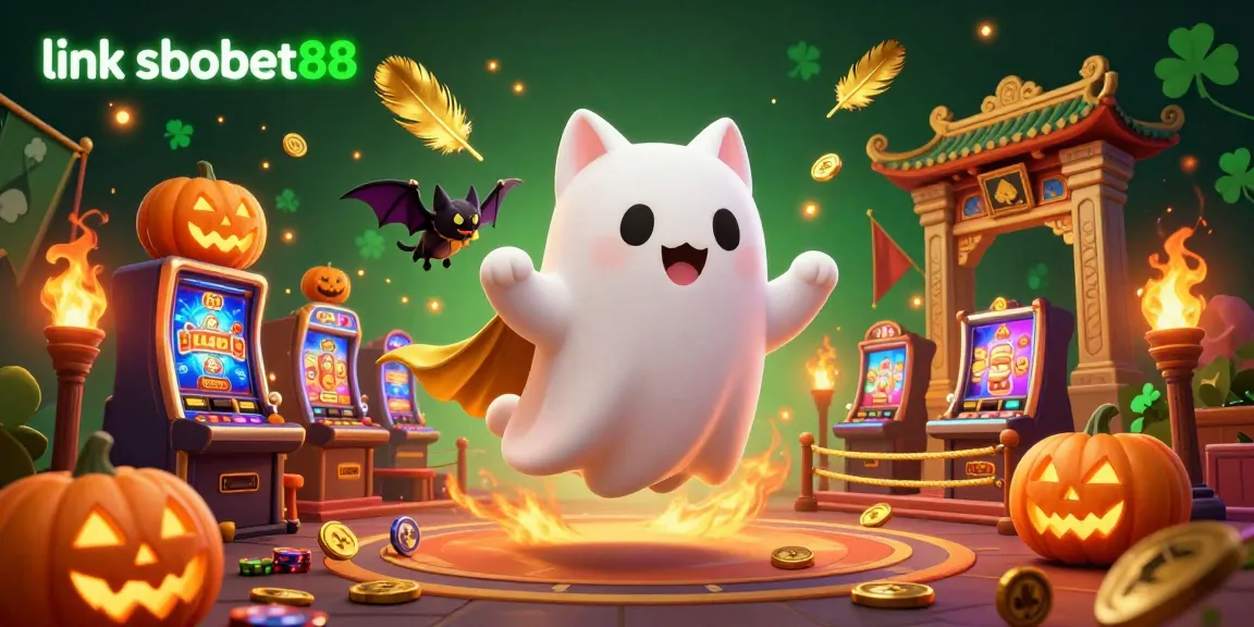 Explore thrilling adventures at link sbobet88 with a vibrant casino scene featuring a ghost cat and vampire bat.