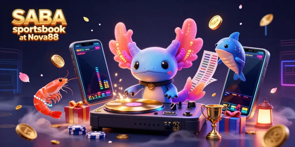 Experience the excitement of the SABA sportsbook at Nova88 in a vibrant 3D illustration filled with dynamic characters and betting elements.
