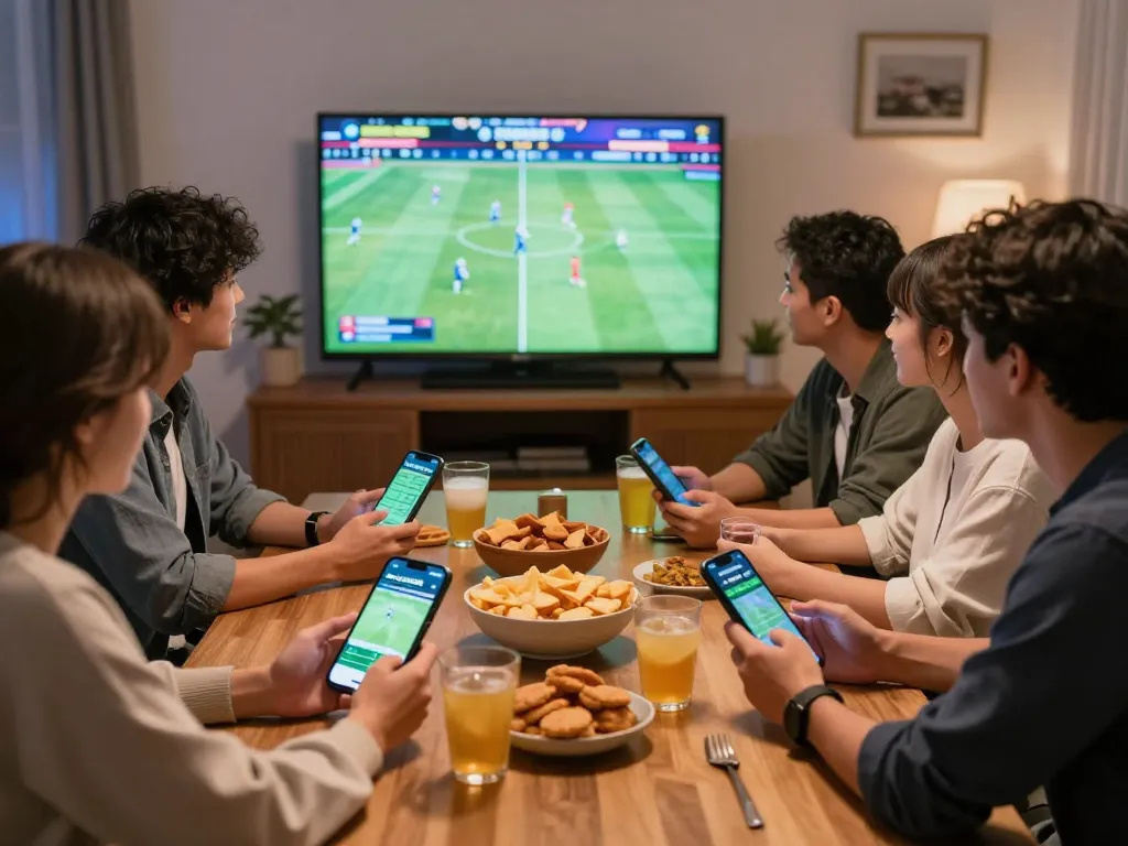 Friends engaging in live sports betting with xocdiavn app on their smartphones, enhancing the social atmosphere.
