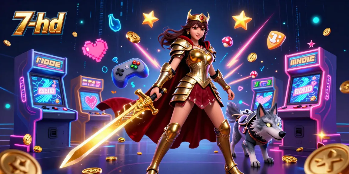 Engage with 7-hd’s vibrant casino scene, featuring a warrior queen and charismatic wolf companion in a gaming paradise.