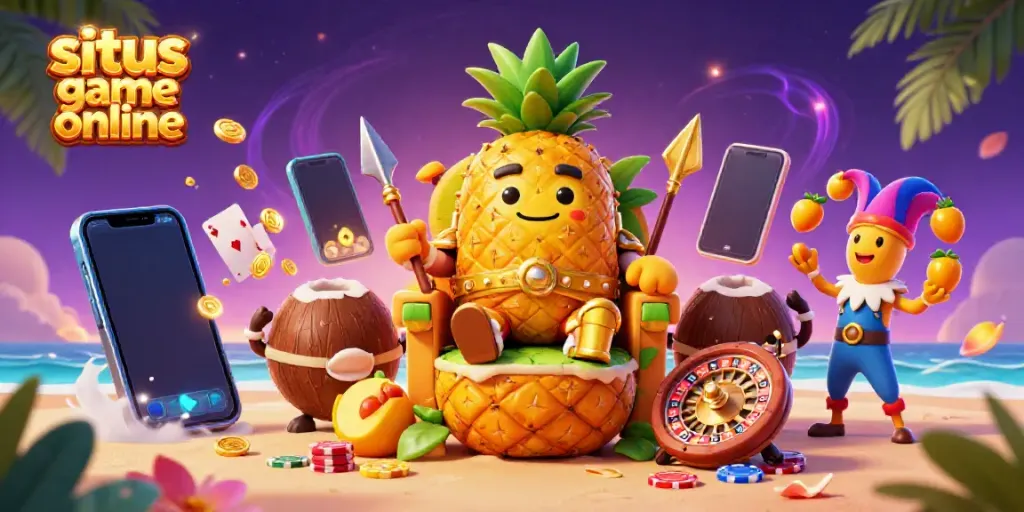 Engage in thrilling action with situs game online featuring a golden pineapple king in a vibrant casino scene.