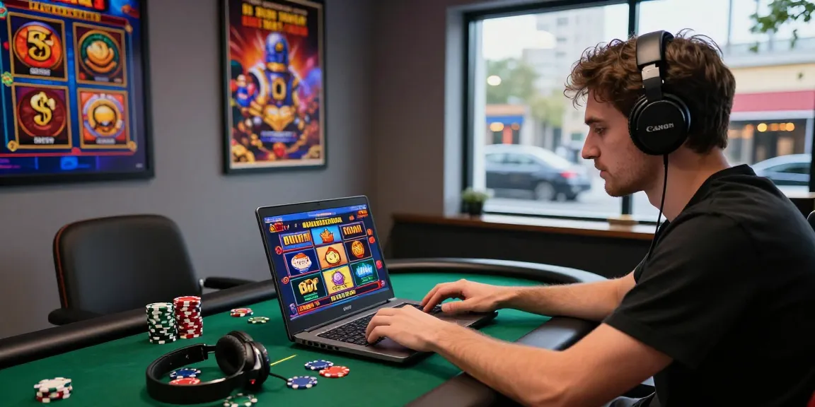 Engaged player enjoying bonus buy slots UK on a sleek laptop with vibrant slot graphics.