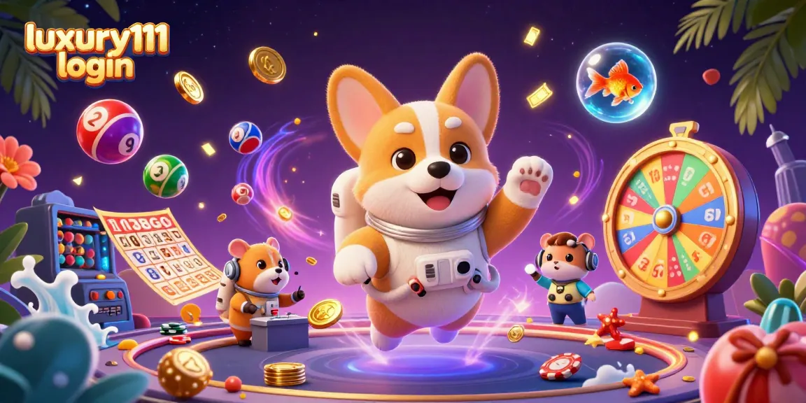 Engage with luxury111 login through a vibrant casino scene featuring a playful corgi in zero gravity.