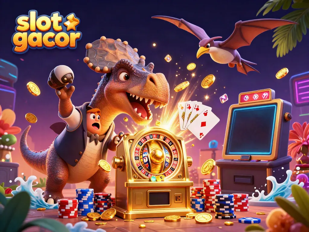 Experience slot gacor fun with a pachycephalosaurus and a golden jackpot machine, vibrant casino scene.