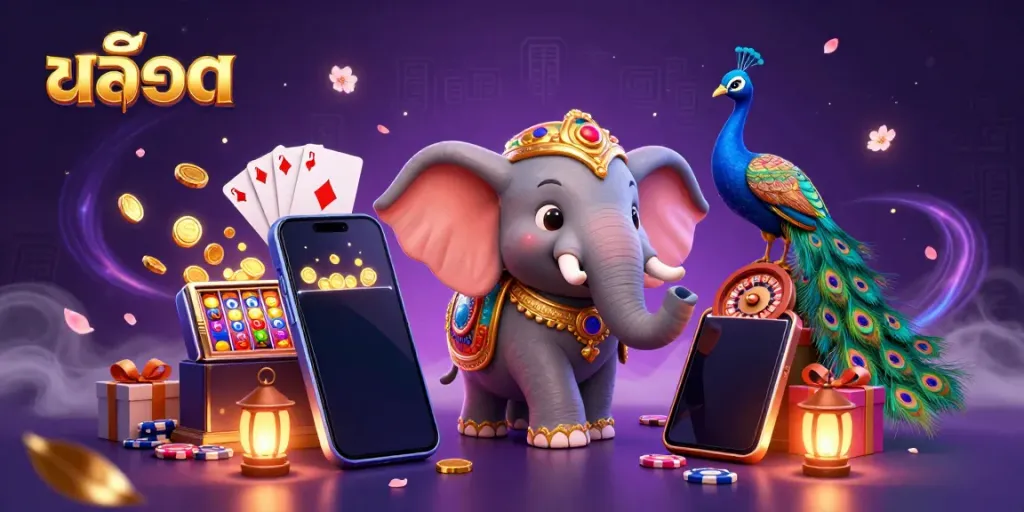 Engage with สล็อต through a vibrant scene featuring a colorful elephant, peacock, and dynamic slot game elements.