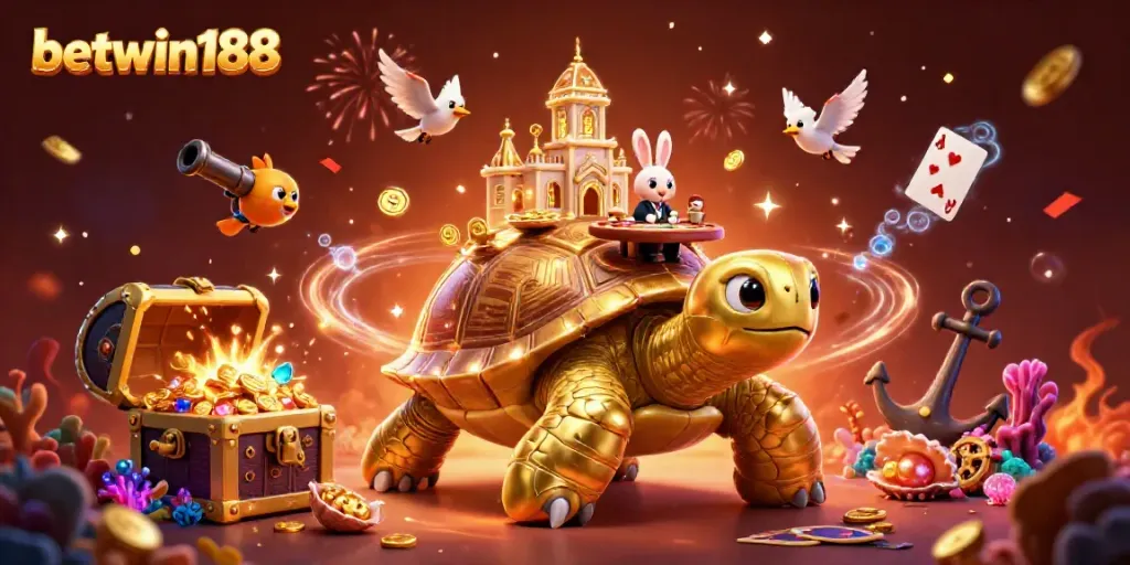 Betwin188 menyajikan ilustrasi menarik dengan kura-kura emas 3D dan dealer kelinci di meja kartu.