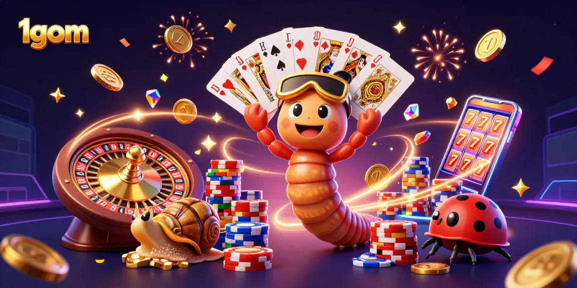 Experience the thrill of 1gom with a lively 3D casino scene featuring a millipede dealer and vibrant slot machine action.