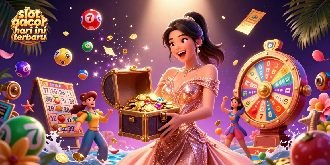 Experience the excitement of slot gacor hari ini terbaru with a joyful woman revealing a treasure chest of riches, embodying vibrant casino thrills.