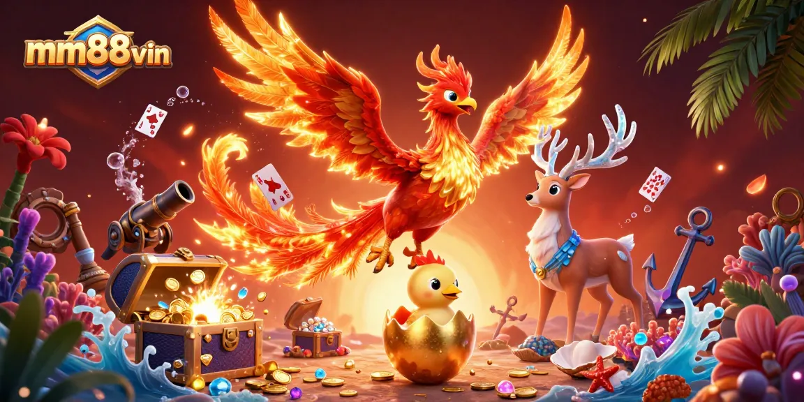 Capture thrilling moments at mm88vin with a phoenix and treasures in a 3D casino scene.