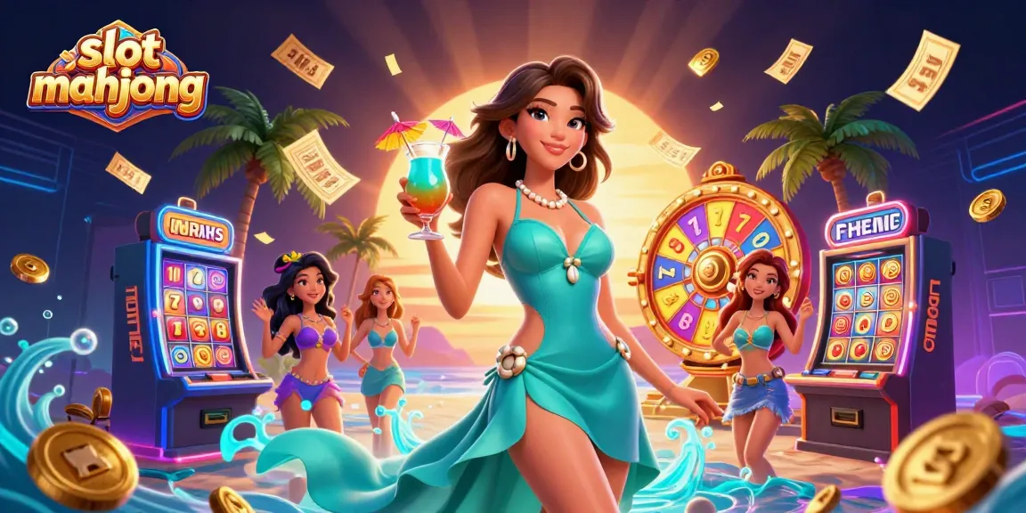 Engaging players in slot mahjong with vibrant slot reels, tropical cocktail, and golden prize elements
