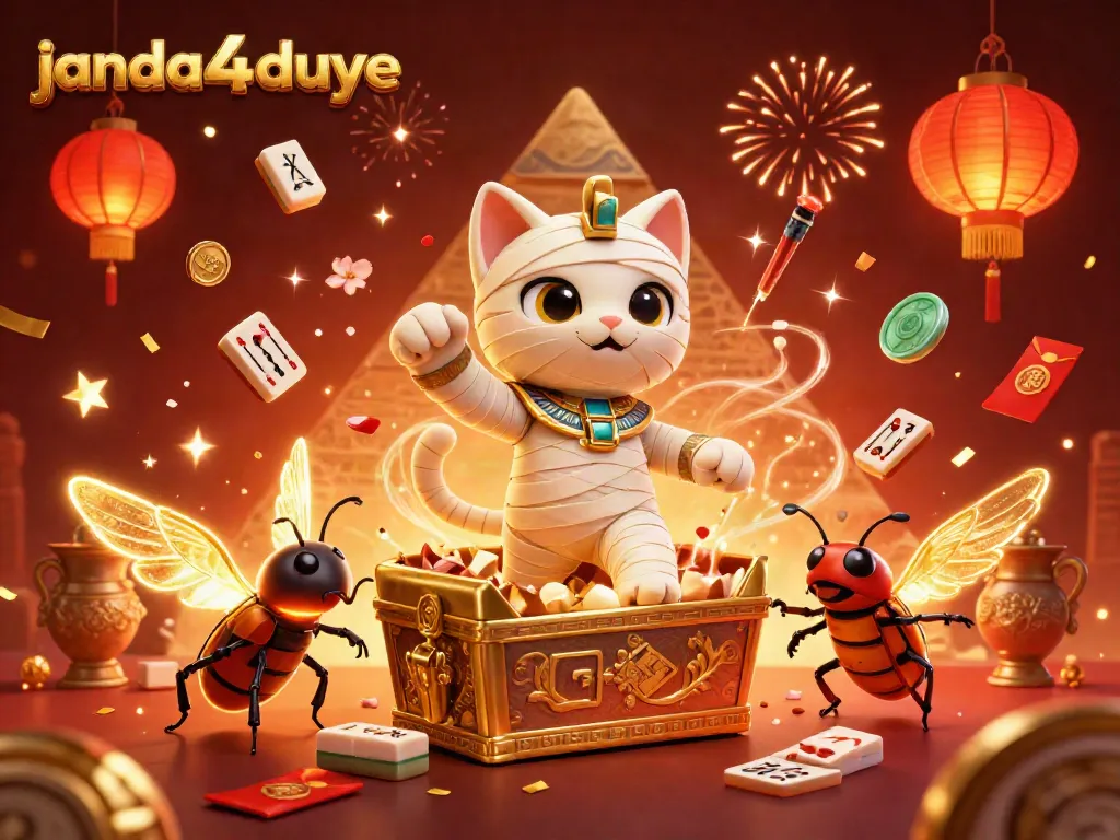 Janda4duye menghadirkan kucing mummy 3D dengan scarab bersinar di kasino piramida, dikelilingi permainan kartu hieroglif.