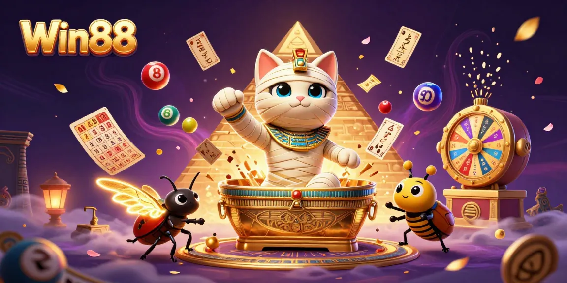 Win88 cat character reveals riches in a vibrant interactive casino scene filled with dynamic gaming elements.