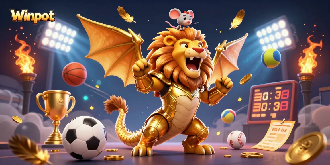 Winpot sports betting scene with a triumphant chimera and dynamic game elements