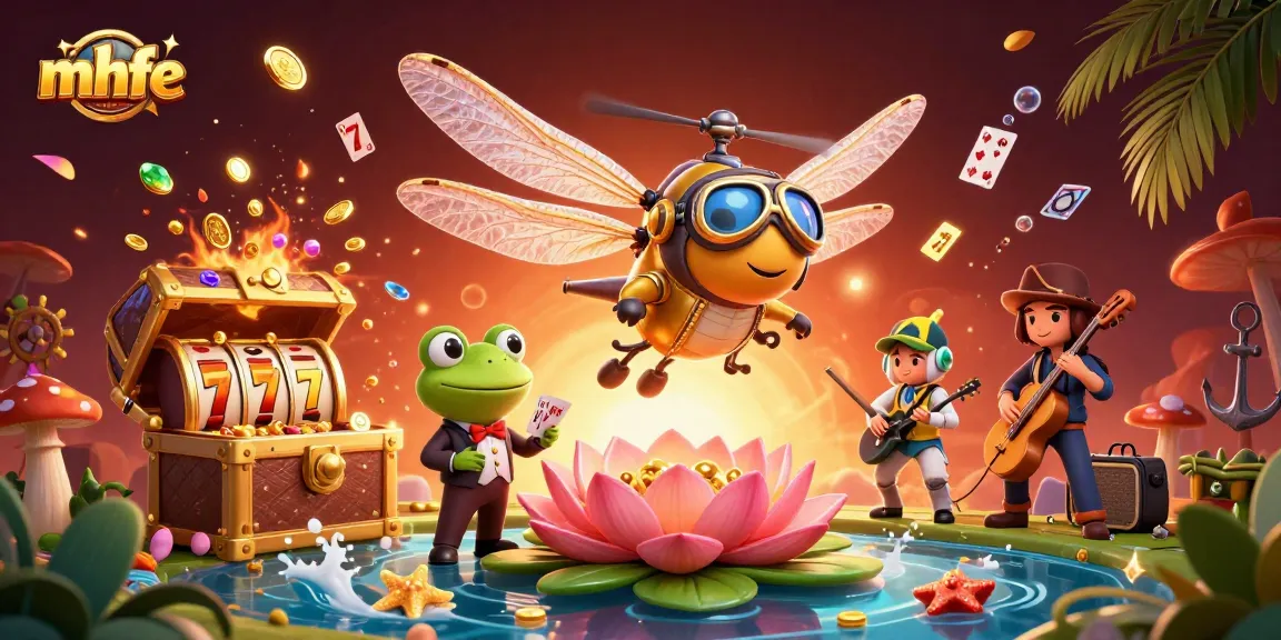 Engage with mmfe at a vibrant lily pad casino where cards flutter and gold coins explode.
